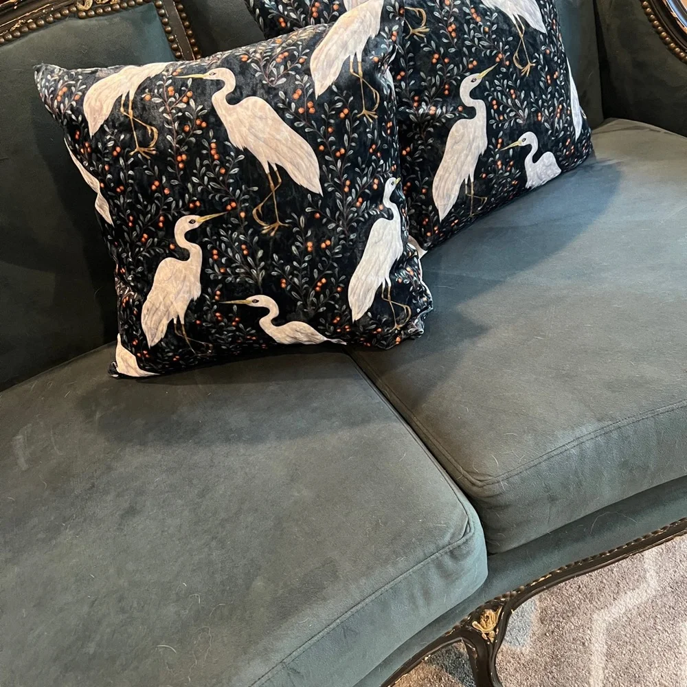 Custom made 18x18 European printed velvet pillows with trillium forms.